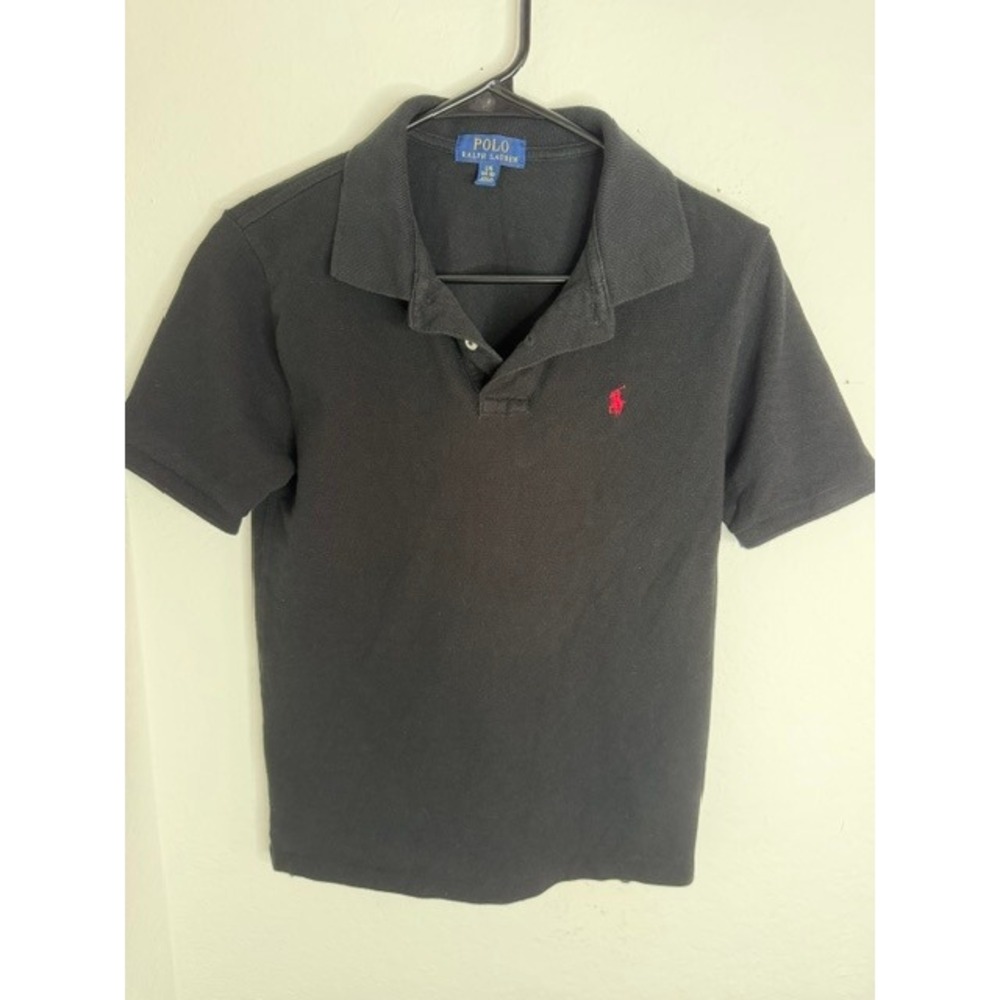 Polo Ralph Lauren Boys Black Short Sleeve Polo Shirt Size L 14-16 Red Pony Logo